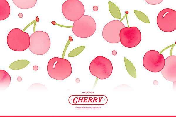 PSD 분홍색 백그라운드 잎 패턴 일러스트 수채화 사람없음 체리 꼭지 키치 국내일러스트 식물 컬러 컨셉 무늬 과일 파일형식