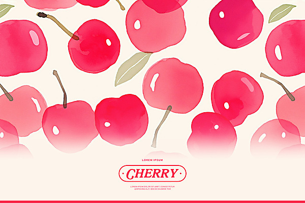 PSD 분홍색 백그라운드 잎 패턴 일러스트 수채화 사람없음 체리 꼭지 키치 국내일러스트 식물 컬러 컨셉 무늬 과일 파일형식