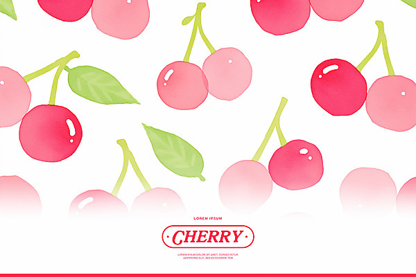 PSD 분홍색 백그라운드 잎 패턴 일러스트 수채화 사람없음 체리 꼭지 키치 국내일러스트 식물 컬러 컨셉 무늬 과일 파일형식