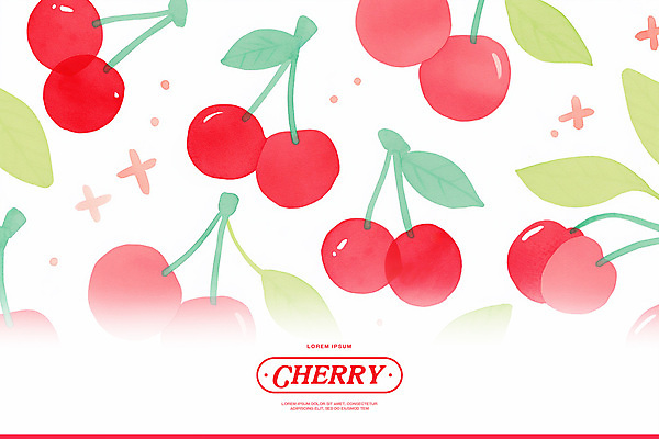 PSD 분홍색 백그라운드 잎 패턴 일러스트 수채화 사람없음 체리 꼭지 키치 국내일러스트 식물 컬러 컨셉 무늬 과일 파일형식