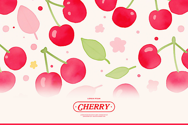 PSD 분홍색 백그라운드 잎 패턴 일러스트 수채화 사람없음 체리 꼭지 키치 국내일러스트 식물 컬러 컨셉 무늬 과일 파일형식