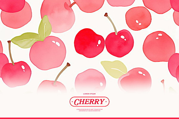 PSD 분홍색 백그라운드 잎 패턴 일러스트 수채화 사람없음 체리 꼭지 키치 국내일러스트 식물 컬러 컨셉 무늬 과일 파일형식