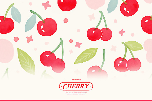 PSD 분홍색 백그라운드 잎 패턴 일러스트 수채화 사람없음 체리 꼭지 키치 국내일러스트 식물 컬러 컨셉 무늬 과일 파일형식