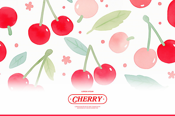 PSD 분홍색 백그라운드 잎 패턴 일러스트 수채화 사람없음 체리 꼭지 키치 국내일러스트 식물 컬러 컨셉 무늬 과일 파일형식