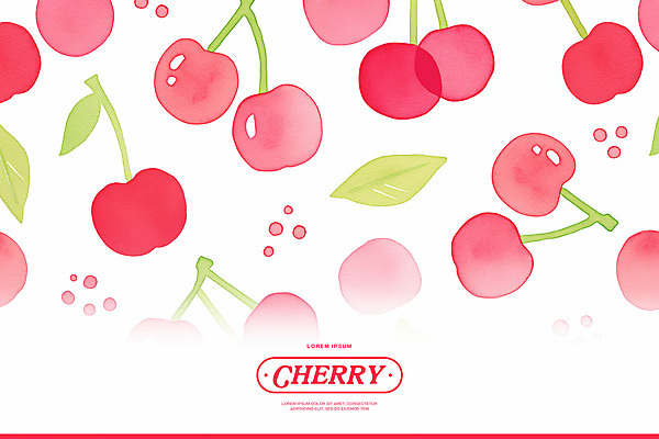 PSD 분홍색 백그라운드 잎 패턴 일러스트 수채화 사람없음 체리 꼭지 키치 국내일러스트 식물 컬러 컨셉 무늬 과일 파일형식