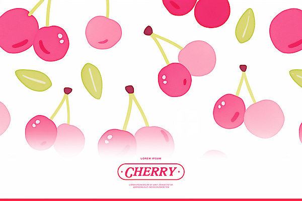 PSD 분홍색 백그라운드 잎 패턴 일러스트 수채화 사람없음 체리 꼭지 키치 국내일러스트 식물 컬러 컨셉 무늬 과일 파일형식