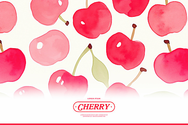 PSD 분홍색 백그라운드 잎 패턴 일러스트 수채화 사람없음 체리 꼭지 키치 국내일러스트 식물 컬러 컨셉 무늬 과일 파일형식