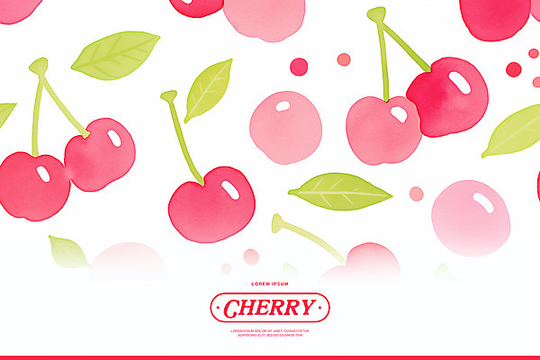 PSD 분홍색 백그라운드 잎 패턴 일러스트 수채화 사람없음 체리 꼭지 키치 국내일러스트 식물 컬러 컨셉 무늬 과일 파일형식
