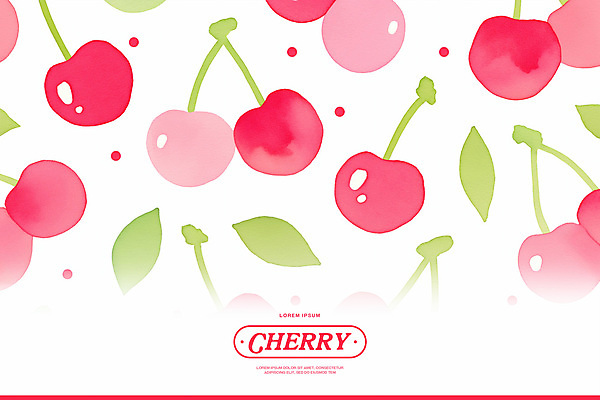 PSD 분홍색 백그라운드 잎 패턴 일러스트 수채화 사람없음 체리 꼭지 키치 국내일러스트 식물 컬러 컨셉 무늬 과일 파일형식