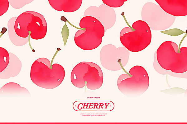 PSD 분홍색 백그라운드 잎 패턴 일러스트 수채화 사람없음 체리 꼭지 키치 국내일러스트 식물 컬러 컨셉 무늬 과일 파일형식
