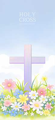 PSD 구름 십자가 꽃밭 일러스트 자연 하늘 사람없음 맑음 신성 파스텔톤 화창 국내일러스트 자연요소 꽃 컬러 날씨 생태계 파일형식