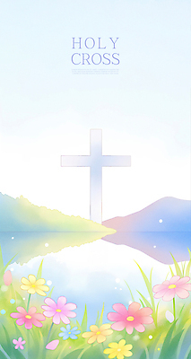 PSD 호수 십자가 꽃밭 일러스트 자연 하늘 잔디 사람없음 물 햇빛 반사 맑음 언덕 신성 파스텔톤 화창 국내일러스트 자연요소 식물 꽃 컬러 날씨 태양 생태계 파일형식