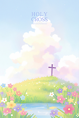 PSD 구름 십자가 꽃밭 일러스트 자연 하늘 잔디 초원 사람없음 물 햇빛 맑음 연못 신성 파스텔톤 화창 국내일러스트 자연요소 식물 꽃 컬러 날씨 태양 생태계 파일형식