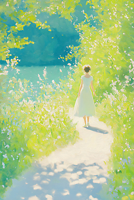 JPG 나무 원피스 여자 꽃밭 일러스트 자연 밝음 그림자 한명 성인 연두색 햇빛 걷기 산책 풀잎 숲속 화사함 숲길 유화 화창 성인여자한명만 국내일러스트 AI일러스트 AI콘텐츠 식물 1 옷 꽃 길 컨셉 잎 모션 날씨 휴식 미술 사람 초록색 태양 풀_식물 숲 생태계 여자한명만 성인여자만 파일형식