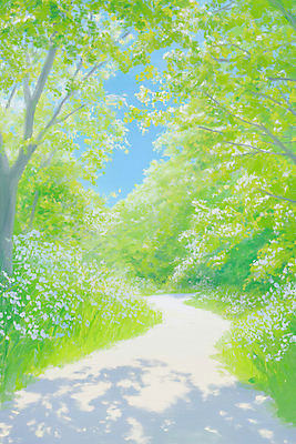 JPG 나무 꽃밭 일러스트 자연 하늘 밝음 그림자 사람없음 연두색 햇빛 풀잎 숲속 화사함 숲길 유화 화창 국내일러스트 AI일러스트 AI콘텐츠 식물 꽃 길 컨셉 잎 날씨 미술 초록색 태양 풀_식물 숲 생태계 파일형식