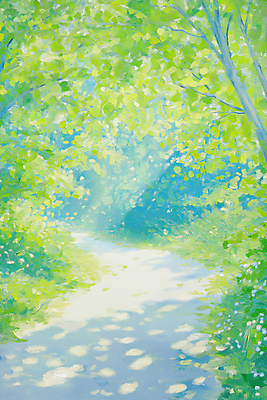 JPG 나무 일러스트 자연 밝음 그림자 사람없음 연두색 햇빛 풀잎 숲속 화사함 숲길 유화 화창 국내일러스트 AI일러스트 AI콘텐츠 식물 길 컨셉 잎 날씨 미술 초록색 태양 풀_식물 숲 생태계 파일형식