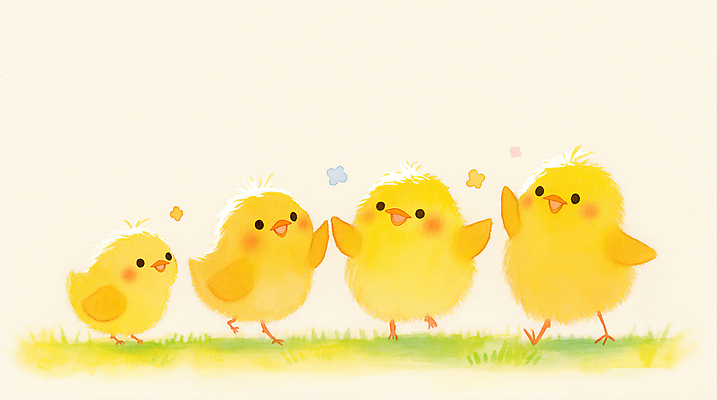 JPG 꽃 여러마리 일러스트 병아리 잔디 사람없음 햇빛 노란색 귀여움 국내일러스트 AI일러스트 AI콘텐츠 식물 컬러 다수 컨셉 조류 태양 파일형식