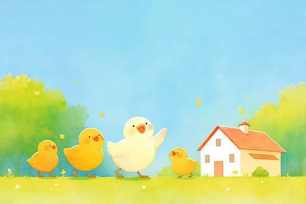 JPG 나무 하늘색 잎 여러마리 일러스트 하늘 주택 병아리 잔디 사람없음 귀여움 국내일러스트 AI일러스트 AI콘텐츠 식물 다수 컨셉 조류 건물 파란색 파일형식