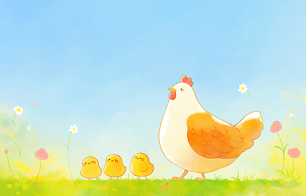 JPG 꽃 하늘색 여러마리 일러스트 하늘 병아리 잔디 사람없음 귀여움 닭 국내일러스트 AI일러스트 AI콘텐츠 식물 다수 컨셉 조류 파란색 파일형식
