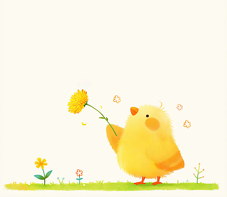 JPG 한마리 응시 일러스트 병아리 들기 잔디 사람없음 노란색 귀여움 민들레 국내일러스트 AI일러스트 AI콘텐츠 식물 1 시선 꽃 컬러 컨셉 모션 조류 파일형식