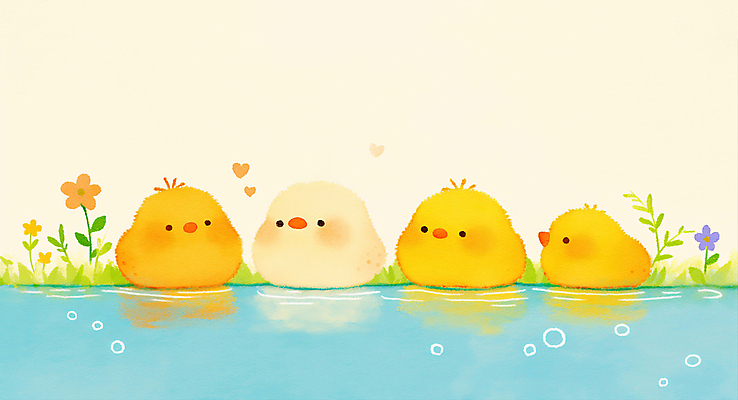 JPG 꽃 여러마리 일러스트 병아리 사람없음 귀여움 개울 수면 국내일러스트 AI일러스트 AI콘텐츠 식물 다수 컨셉 조류 물 강 파일형식
