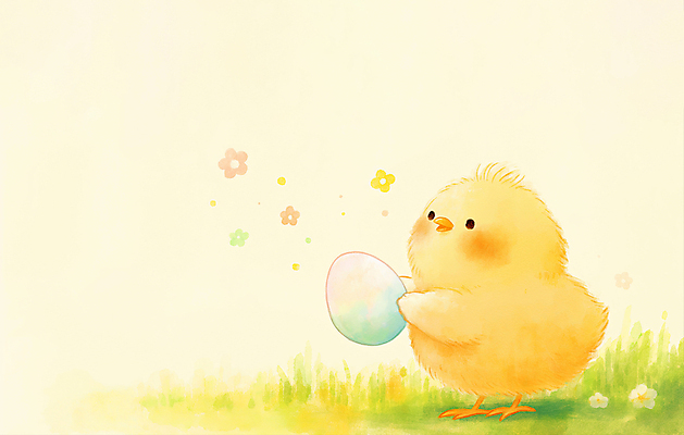 JPG 한마리 꽃 일러스트 병아리 들기 잔디 사람없음 노란색 귀여움 계란 국내일러스트 AI일러스트 AI콘텐츠 식물 1 컬러 컨셉 모션 조류 알 파일형식