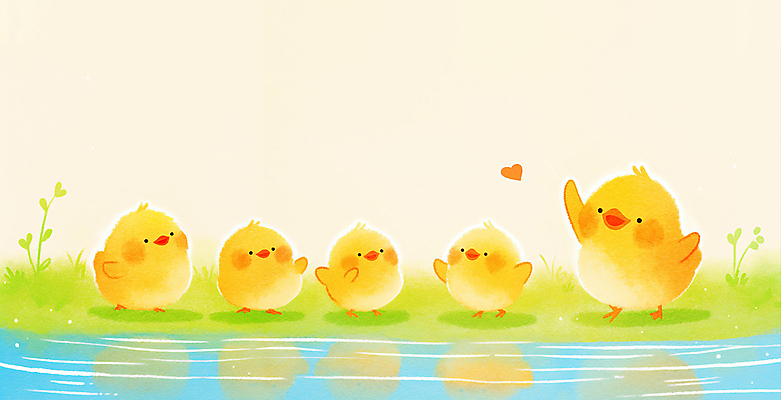 JPG 여러마리 일러스트 병아리 잔디 사람없음 귀여움 개울 물결파장 국내일러스트 AI일러스트 AI콘텐츠 식물 물결 다수 컨셉 조류 강 파일형식