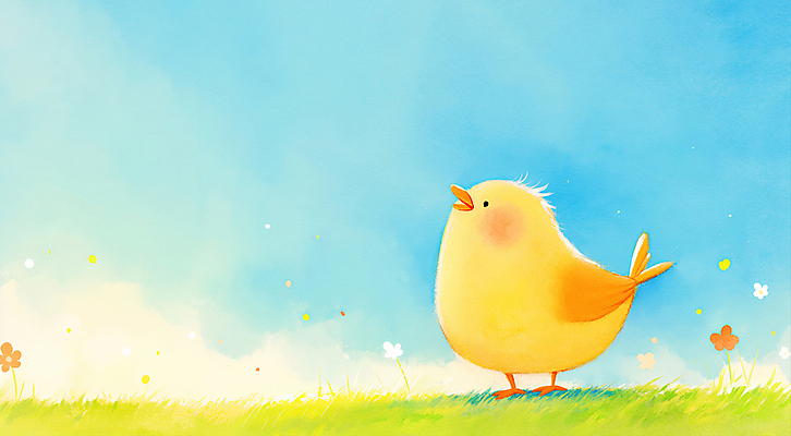 JPG 한마리 꽃 하늘색 일러스트 하늘 병아리 잔디 사람없음 귀여움 국내일러스트 AI일러스트 AI콘텐츠 식물 1 컨셉 조류 파란색 파일형식