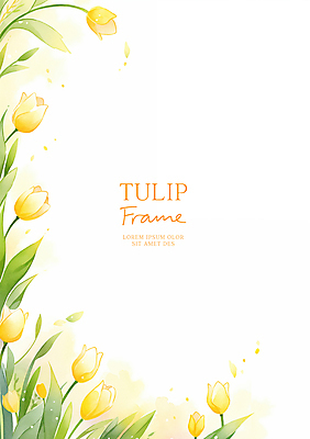 PSD 잎 일러스트 수채화 사람없음 노란색 봄 튤립 꽃프레임 카피스페이스 국내일러스트 식물 계절 꽃 컬러 프레임 공백 파일형식