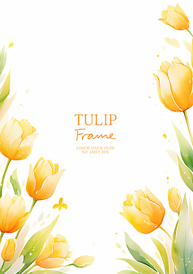 PSD 잎 일러스트 수채화 사람없음 노란색 봄 튤립 꽃프레임 카피스페이스 국내일러스트 식물 계절 꽃 컬러 프레임 공백 파일형식