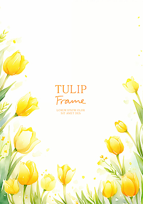 PSD 잎 일러스트 수채화 사람없음 노란색 봄 튤립 꽃프레임 카피스페이스 국내일러스트 식물 계절 꽃 컬러 프레임 공백 파일형식