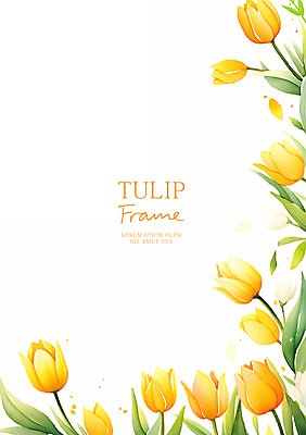 PSD 잎 일러스트 수채화 사람없음 노란색 봄 튤립 꽃프레임 카피스페이스 국내일러스트 식물 계절 꽃 컬러 프레임 공백 파일형식
