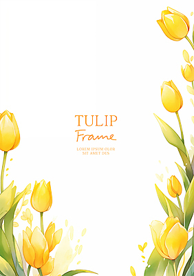 PSD 잎 일러스트 수채화 사람없음 노란색 봄 튤립 꽃프레임 카피스페이스 국내일러스트 식물 계절 꽃 컬러 프레임 공백 파일형식