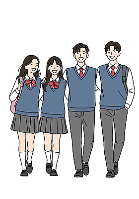 전신 PSD 학생 여자 남자 교복 일러스트 청소년 책가방 웃음 여러명 스쿨라이프 걷기 우정 주머니손 활기 감싸기 십대만 일러캐릭터 캐릭터 라이프스타일 옷 다수 컨셉 가방 학교 모션 표정 사람 친구 파일형식