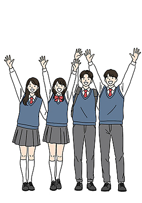 전신 PSD 학생 여자 남자 교복 일러스트 청소년 책가방 웃음 여러명 스쿨라이프 손들기 우정 만세 활기 십대만 일러캐릭터 캐릭터 라이프스타일 옷 다수 컨셉 가방 학교 모션 표정 사람 친구 파일형식