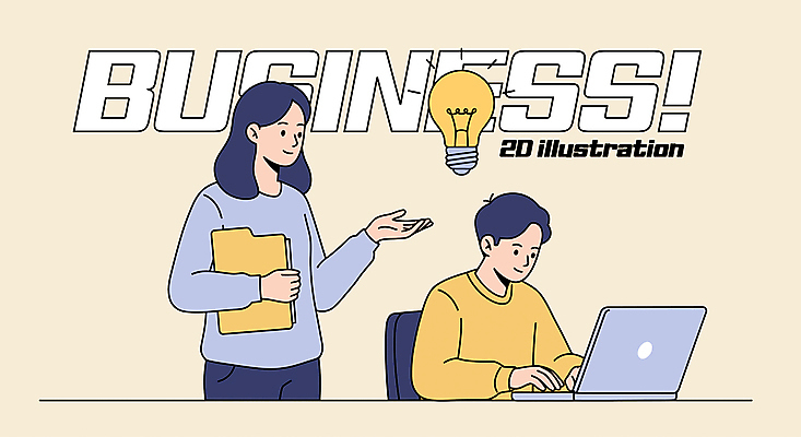 여자 남자 일러스트 전구 회의 아이디어 미소 앉기 상반신 성인 두명 노트북 노란색 손들기 타이핑 폴더 의견 베이지색 파일폴더 성인만 국내일러스트 AI파일 컬러 컨셉 비즈니스 모션 표정 사람 전자제품 사무용품 파일 파일형식 벡터