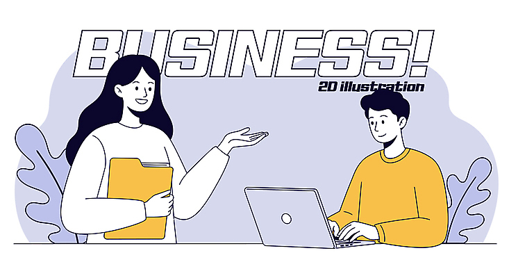 여자 남자 잎 일러스트 회의 미소 들기 상반신 성인 두명 노트북 손들기 타이핑 파일 폴더 연보라색 파일폴더 성인만 국내일러스트 AI파일 식물 비즈니스 모션 표정 사람 전자제품 사무용품 보라색 파일형식 벡터