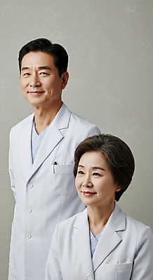 JPG 편집이미지 응시 여자 남자 중년 병원 미소 상반신 두명 의사가운 전문직 뒷짐 의료성형뷰티 중년만 편집실사 IC큐레이션 AI인물포토 AI콘텐츠 직업 시선 의학 모션 표정 사람 성인 의사 가운 CG 성인만 파일형식 AI포토