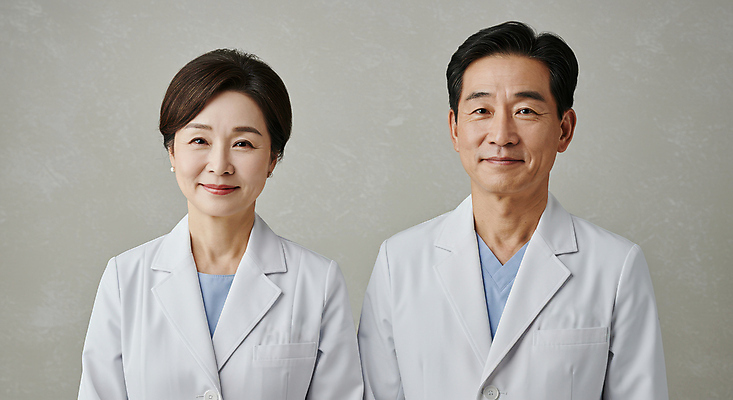 JPG 편집이미지 응시 여자 남자 중년 병원 미소 상반신 두명 의사가운 전문직 의료성형뷰티 중년만 편집실사 IC큐레이션 AI인물포토 AI콘텐츠 직업 시선 의학 표정 사람 성인 의사 가운 CG 성인만 파일형식 AI포토