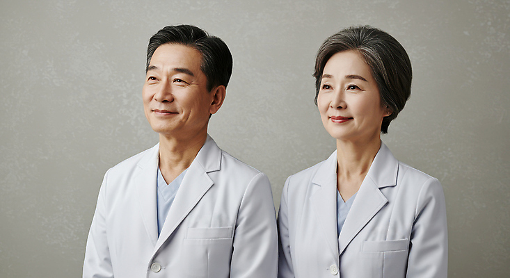 JPG 편집이미지 응시 여자 남자 중년 병원 미소 상반신 두명 의사가운 전문직 의료성형뷰티 중년만 편집실사 IC큐레이션 AI인물포토 AI콘텐츠 직업 시선 의학 표정 사람 성인 의사 가운 CG 성인만 파일형식 AI포토
