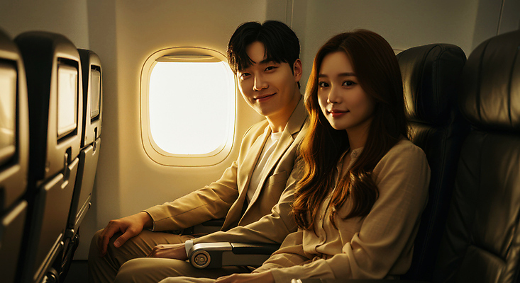 JPG 편집이미지 커플 여자 남자 해외여행 창문 미소 앉기 상반신 성인 두명 햇빛 갈색 비행기내부 의료성형뷰티 성인만 편집실사 AI인물포토 AI콘텐츠 해외 컬러 여행 관계 모션 비행기 표정 사람 내부 태양 CG 파일형식 AI포토