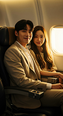 JPG 편집이미지 커플 여자 남자 해외여행 창문 미소 앉기 성인 두명 햇빛 갈색 비행기내부 의료성형뷰티 성인만 편집실사 AI인물포토 AI콘텐츠 해외 컬러 여행 관계 모션 비행기 표정 사람 내부 태양 CG 파일형식 AI포토