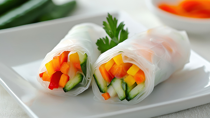 JPG 편집이미지 접시 오이 파프리카 건강 사람없음 당근 신선 고수 건강식 라이스페이퍼 월남쌈 맛있는 편집실사 AI포토 AI콘텐츠 식기 음식 채소 뿌리채소 향신료 CG 베트남음식 파일형식