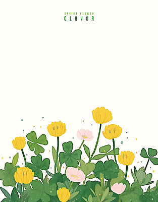 PSD 잎 일러스트 수채화 사람없음 초록색 봄 네잎클로버 세잎클로버 토끼풀꽃 국내일러스트 식물 계절 꽃 컬러 클로버 토끼풀 파일형식