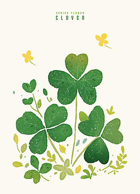 PSD 나비 잎 일러스트 수채화 사람없음 초록색 봄 네잎클로버 세잎클로버 토끼풀꽃 국내일러스트 식물 계절 꽃 컬러 곤충 클로버 토끼풀 파일형식