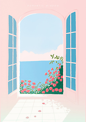 PSD 구름 꽃잎 유럽 일러스트 창문 하늘 밝음 그림자 사람없음 파란색 햇빛 장미 문 맑음 로맨틱 오픈 지중해 감성 유럽풍 타일바닥 화창 수평선 국내일러스트 자연요소 꽃 나라 바다 컬러 컨셉 날씨 바닥 태양 파일형식