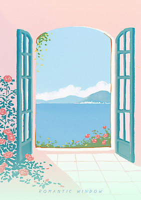 PSD 구름 유럽 분홍색 일러스트 창문 하늘 산 밝음 사람없음 파란색 햇빛 장미 문 맑음 로맨틱 오픈 지중해 감성 유럽풍 타일바닥 화창 국내일러스트 자연요소 꽃 나라 바다 컬러 컨셉 날씨 바닥 태양 파일형식