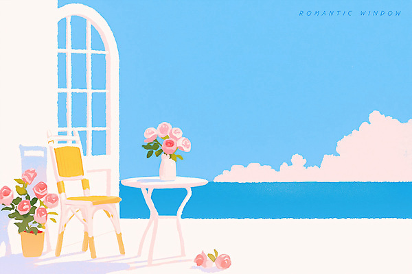 PSD 구름 유럽 화분 의자 일러스트 창문 탁자 하늘 밝음 사람없음 야외 파란색 햇빛 장미 문 꽃병 맑음 로맨틱 지중해 감성 유럽풍 화창 수평선 국내일러스트 자연요소 꽃 나라 바다 컬러 가구 컨셉 날씨 태양 파일형식