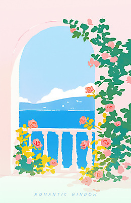 PSD 구름 유럽 일러스트 창문 난간 하늘 산 밝음 사람없음 파란색 햇빛 장미 맑음 로맨틱 발코니 덩굴 지중해 감성 덩쿨나무 유럽풍 화창 국내일러스트 자연요소 나무 식물 꽃 나라 바다 컬러 컨셉 날씨 태양 파일형식