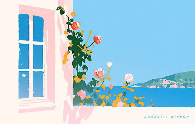 PSD 유럽 일러스트 창문 하늘 밝음 그림자 사람없음 야외 파란색 햇빛 장미 맑음 로맨틱 덩굴 지중해 감성 창살 유럽풍 화창 국내일러스트 식물 꽃 나라 바다 컬러 컨셉 날씨 태양 파일형식
